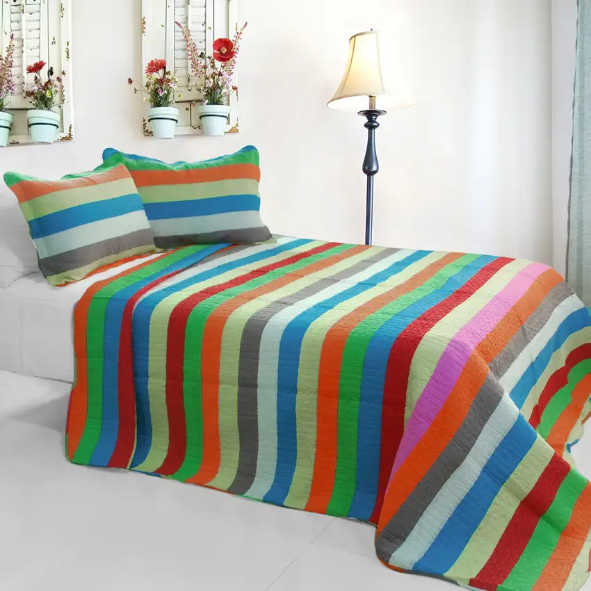 Rainbow River -  3PC Cotton Vermicelli-Quilted Printed Quilt Set (Full/Queen Size) Photo