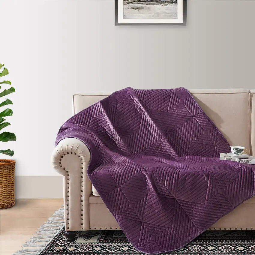 Rio 60 Inch Quilted Throw Blanket, Diamond Stitching, Purple Dutch Velvet Photo 6