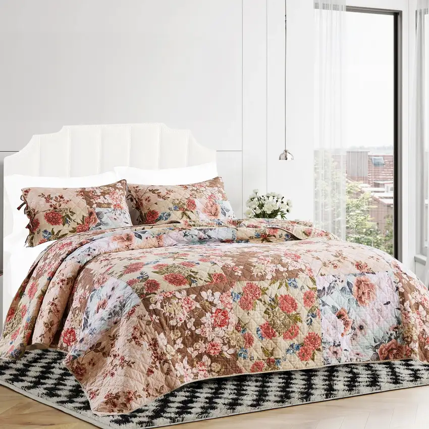 Rome 3 Piece Microfiber Reversible Floral Print Queen Quilt Set, Multicolor Photo 7