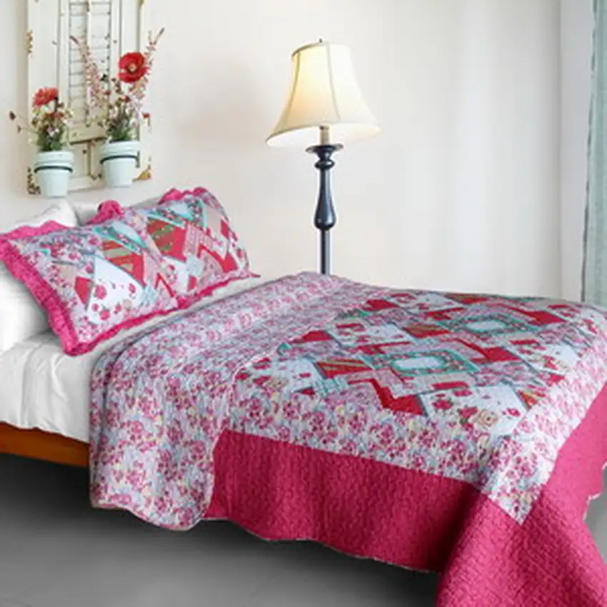 Rose Garden -  Cotton 3PC Vermicelli-Quilted Patchwork Quilt Set (Full/Queen Size) Photo 2