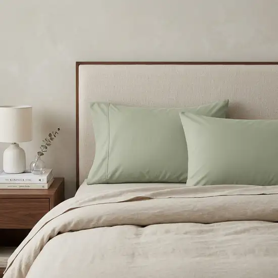 Set of Two Sage Cotton Queen Pillowcases Photo 1