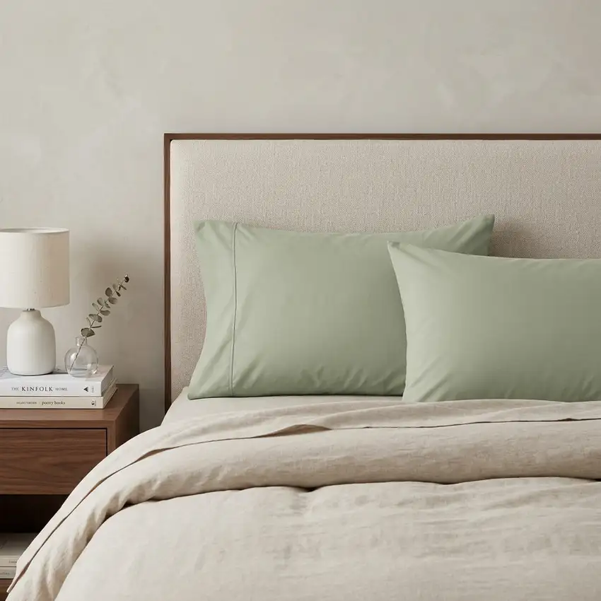 Set of Two Sage Cotton Queen Pillowcases Photo 1