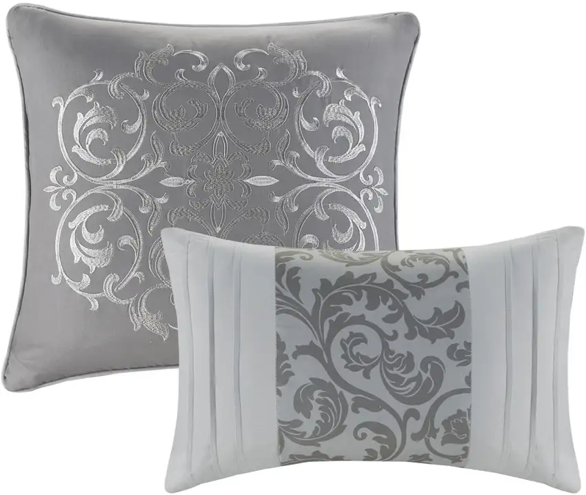 Set of Eight Gray And Ivory Damask Ring Stitch Polyester Sham And Comforter Photo 5