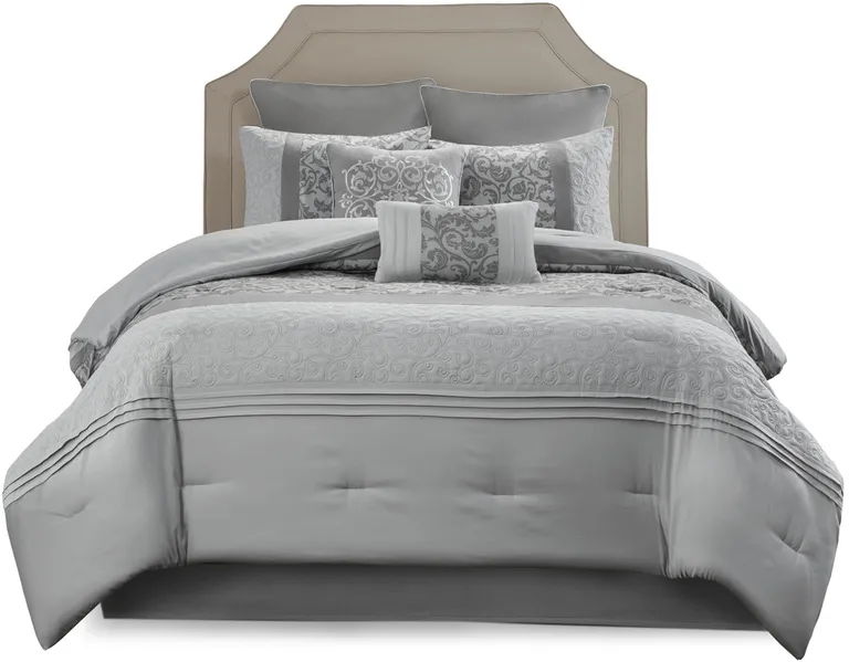 Set of Eight Gray And Ivory Damask Ring Stitch Polyester Sham And Comforter Photo 2