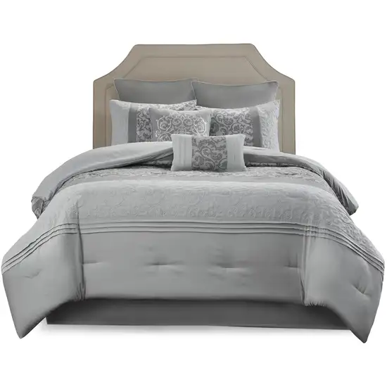 Set of Eight Gray And Ivory Damask Ring Stitch Polyester Sham And Comforter Photo 2