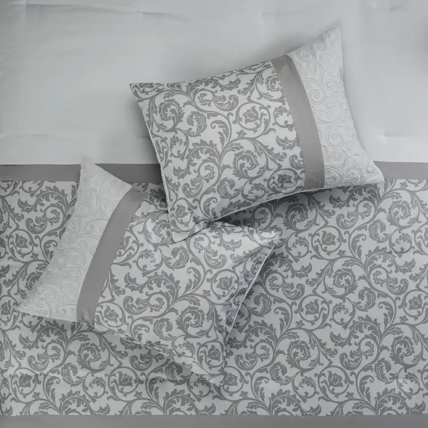 Set of Eight Gray And Ivory Damask Ring Stitch Polyester Sham And Comforter Photo 8