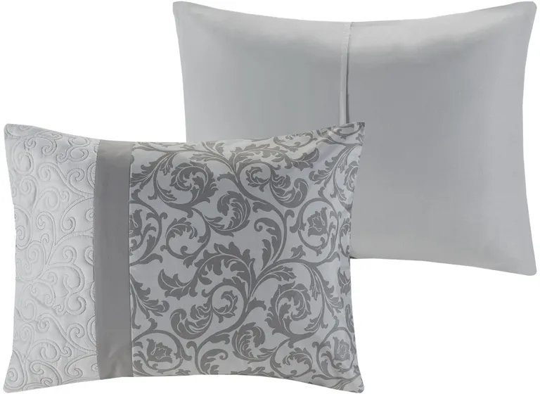 Set of Eight Gray And Ivory Damask Ring Stitch Polyester Sham And Comforter Photo 4