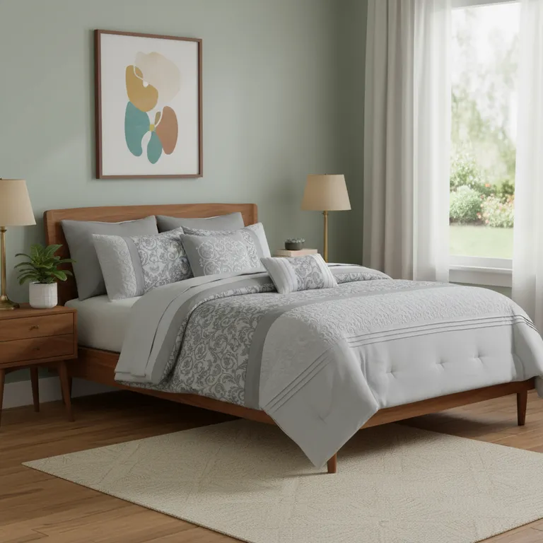 Set of Eight Gray And Ivory Damask Ring Stitch Polyester Sham And Comforter Photo 1