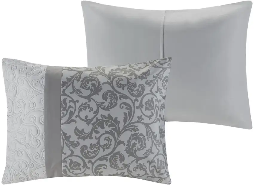 Set of Eight Gray And Ivory Damask Ring Stitch Polyester Sham And Comforter Photo 4