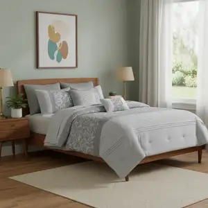 Photo of Set of Eight Gray And Ivory Damask Ring Stitch Polyester Sham And Comforter