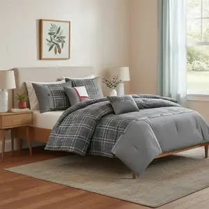 Photo of Set of Five Gray And White Plaid  Ring Stitch Polyester Sham And Comforter