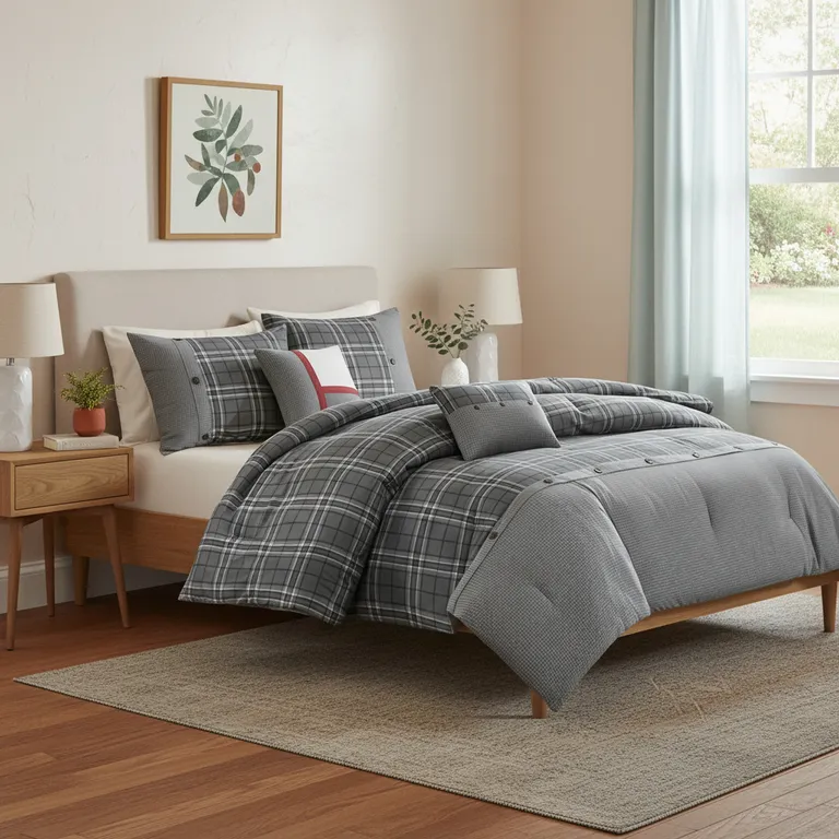 Set of Five Gray And White Plaid  Ring Stitch Polyester Sham And Comforter Photo 1