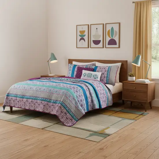 Set of Five Purple And Ivory Striped  Ring Stitch Sham And Comforter Photo 1