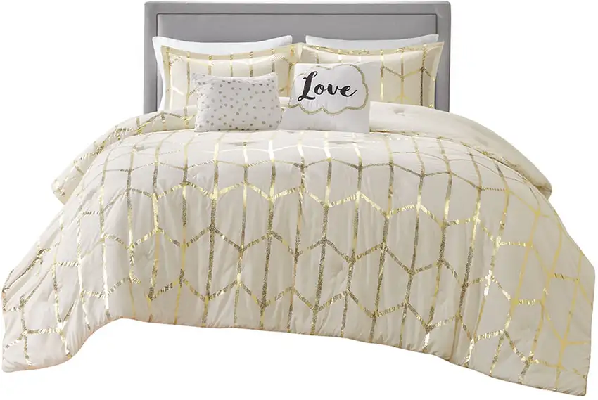 Set of Four Gold And Ivory Geometric Ring Stitch Polyester Sham And Comforter Photo 2