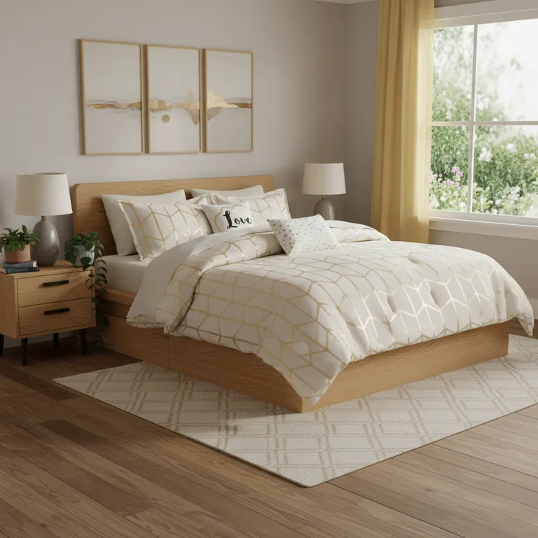 Set of Four Gold And Ivory Geometric Ring Stitch Polyester Sham And Comforter Photo 2