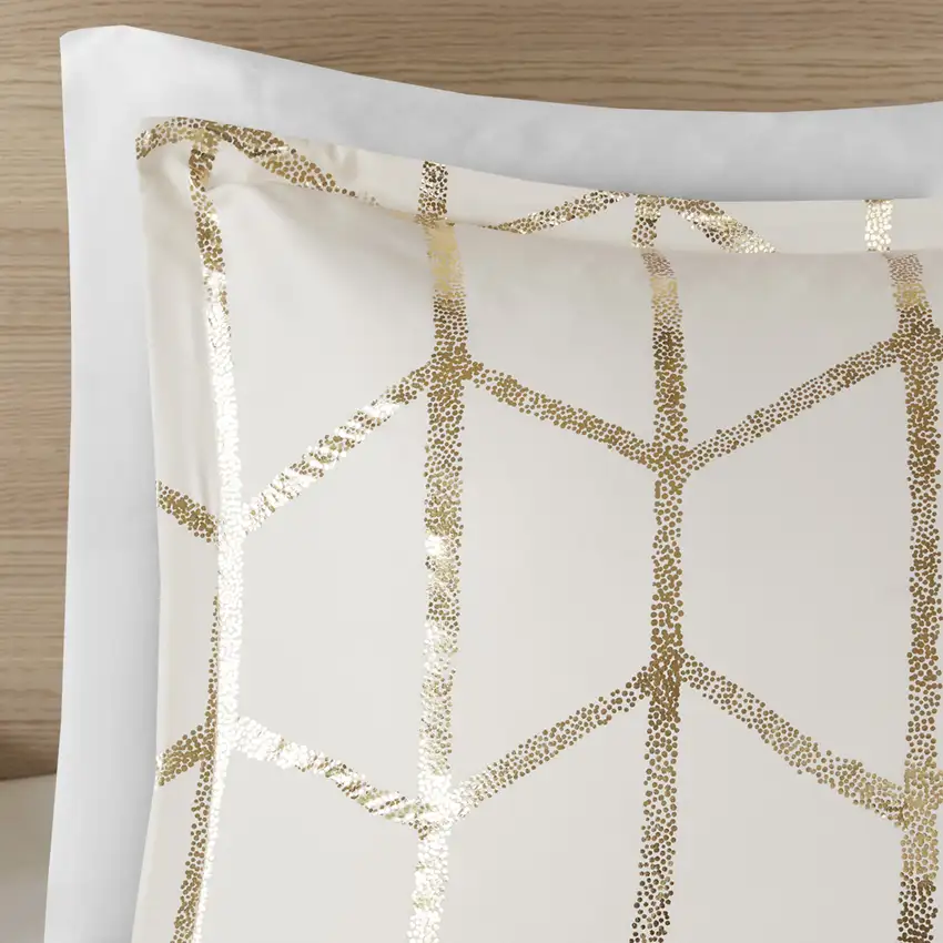 Set of Four Gold And Ivory Geometric Ring Stitch Polyester Sham And Comforter Photo 6