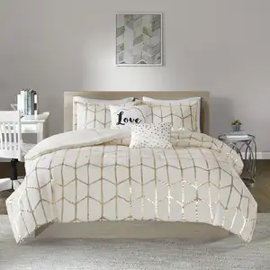 Photo of Set of Four Gold And Ivory Geometric Ring Stitch Polyester Sham And Comforter