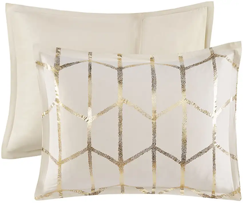 Set of Four Gold And Ivory Geometric Ring Stitch Polyester Sham And Comforter Photo 3