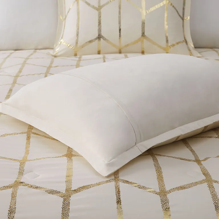 Set of Four Gold And Ivory Geometric Ring Stitch Polyester Sham And Comforter Photo 5