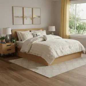 Photo of Set of Four Gold And Ivory Geometric Ring Stitch Polyester Sham And Comforter