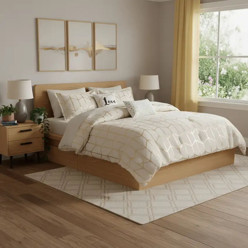 Set of Four Gold And Ivory Geometric Ring Stitch Polyester Sham And Comforter Photo 1