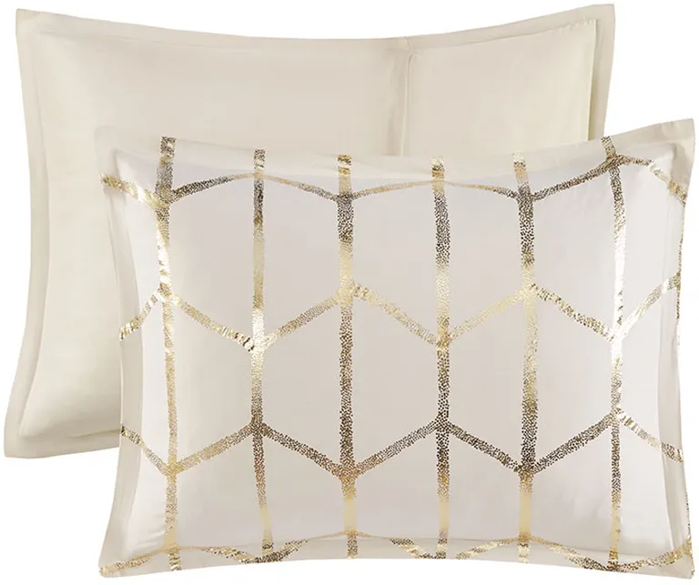 Set of Four Gold And Ivory Geometric Ring Stitch Polyester Sham And Comforter Photo 3