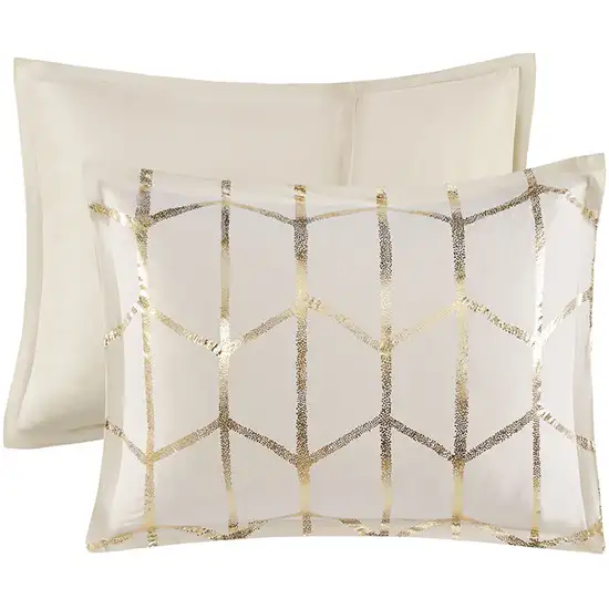 Set of Four Gold And Ivory Geometric Ring Stitch Polyester Sham And Comforter Photo 3