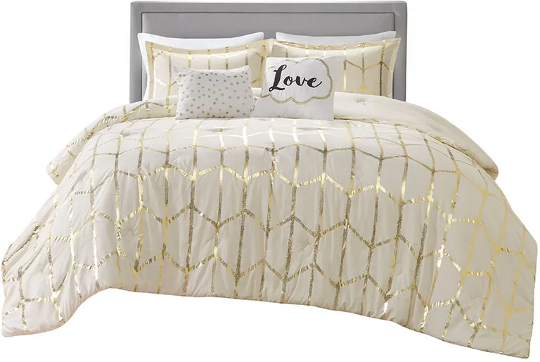 Set of Four Gold And Ivory Geometric Ring Stitch Polyester Sham And Comforter Photo 2