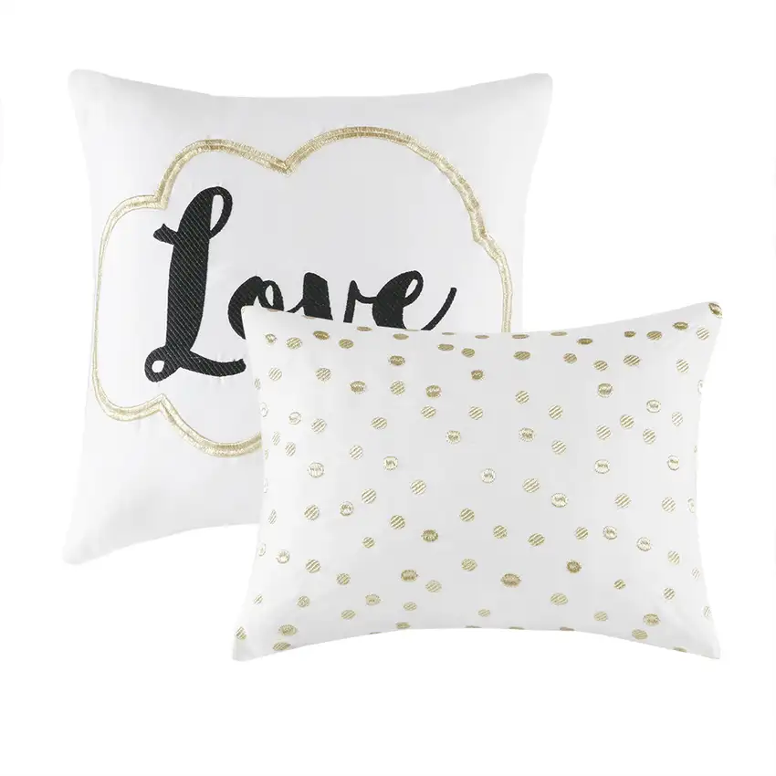 Set of Four Gold And Ivory Geometric Ring Stitch Polyester Sham And Comforter Photo 4