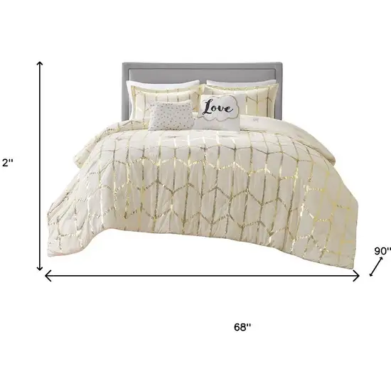 Set of Four Gold And Ivory Geometric Ring Stitch Polyester Sham And Comforter Photo 8