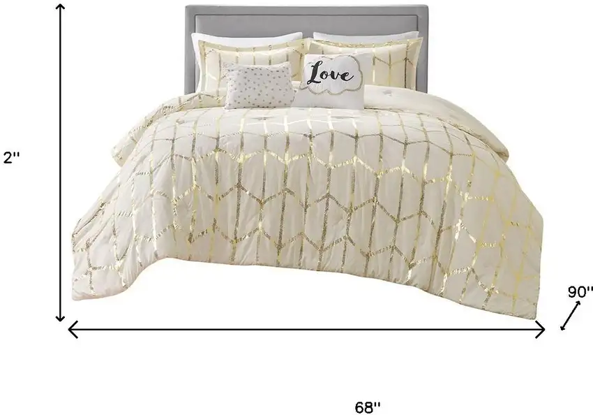 Set of Four Gold And Ivory Geometric Ring Stitch Polyester Sham And Comforter Photo 8