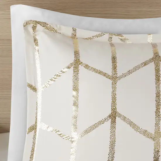 Set of Four Gold And Ivory Geometric Ring Stitch Polyester Sham And Comforter Photo 7