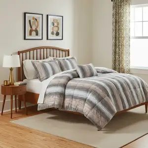 Photo of Set of Four Gray And Pink Striped Queen Ring Stitch Polyester Sham And Comforter