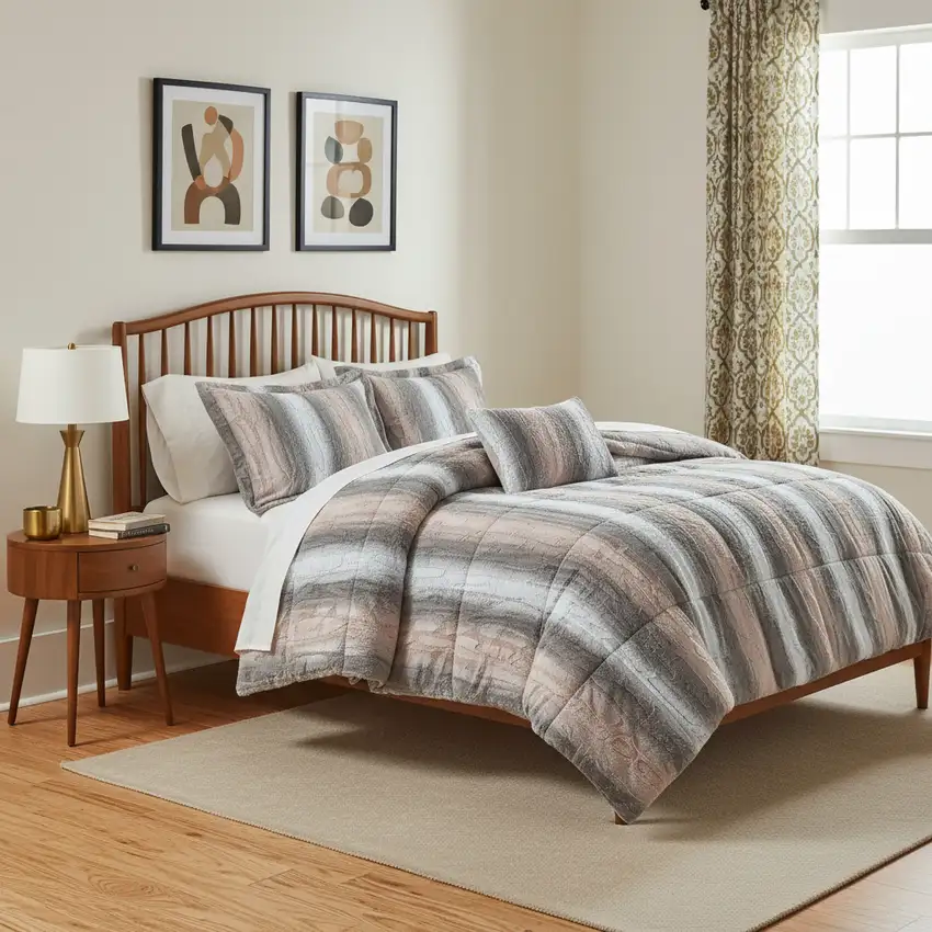 Set of Four Gray And Pink Striped Queen Ring Stitch Polyester Sham And Comforter Photo 1