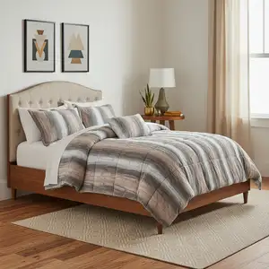 Photo of Set of Four Gray And Pink Striped  Ring Stitch Polyester Sham And Comforter