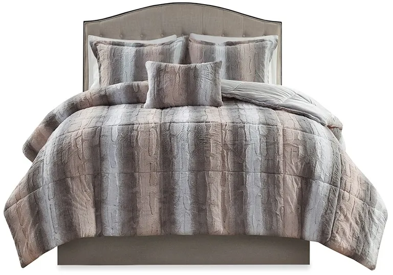 Set of Four Gray And Pink Striped  Ring Stitch Polyester Sham And Comforter Photo 2