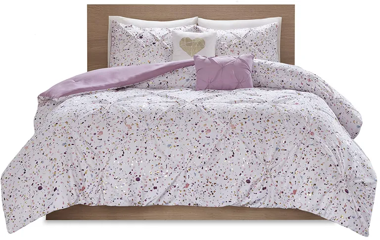 Set of Four Plum And White Abstract Ring Stitch Polyester Sham And Comforter Photo 1