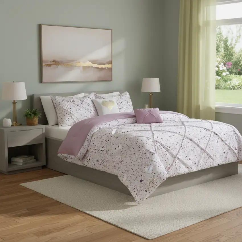 Set of Four Plum And White Abstract Ring Stitch Polyester Sham And Comforter Photo 2