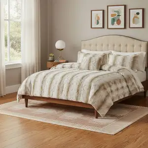 Photo of Set of Four Sand And Ivory Striped  Ring Stitch Polyester Sham And Comforter