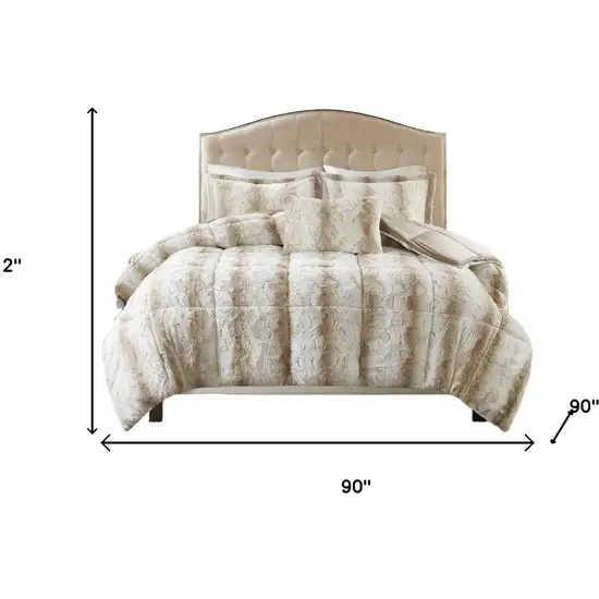 Set of Four Sand And Ivory Striped Queen Ring Stitch Polyester Sham And Comforter Photo 6