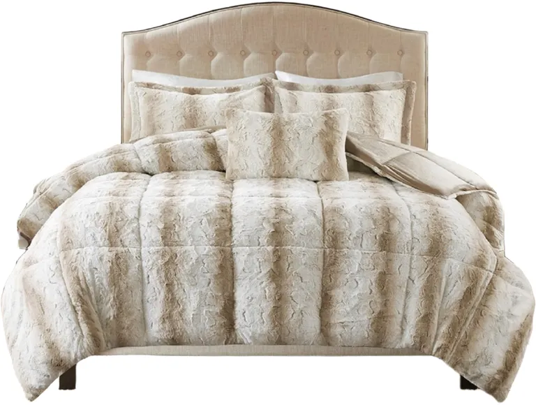 Set of Four Sand And Ivory Striped  Ring Stitch Polyester Sham And Comforter Photo 1