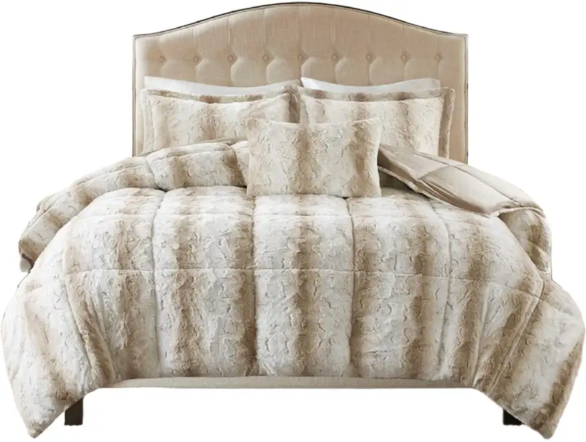 Set of Four Sand And Ivory Striped Queen Ring Stitch Polyester Sham And Comforter Photo 1