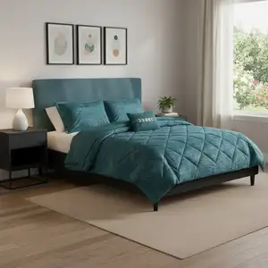 Photo of Set of Four Teal Blue  Ring Stitch Polyester Sham And Comforter