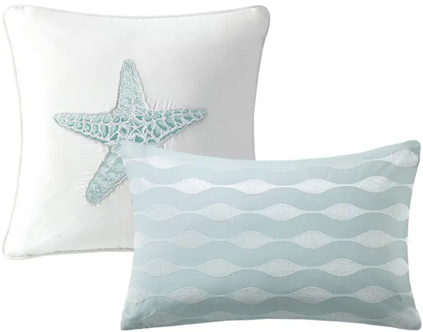 Set of Four White And Aqua Full Ring Stitch Sham And Comforter Photo 6