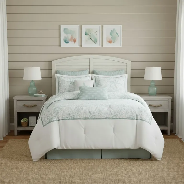 Set of Four White And Aqua Full Ring Stitch Sham And Comforter Photo 2