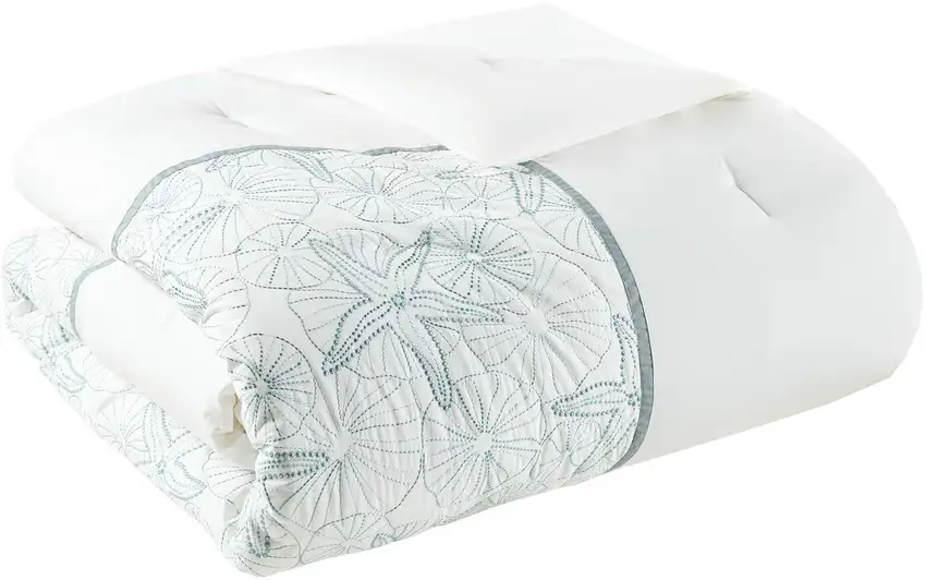 Set of Four White And Aqua Full Ring Stitch Sham And Comforter Photo 2