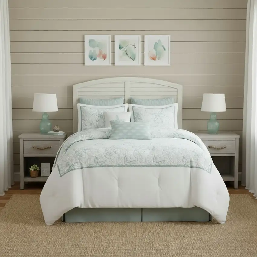 Set of Four White And Aqua Full Ring Stitch Sham And Comforter Photo 1