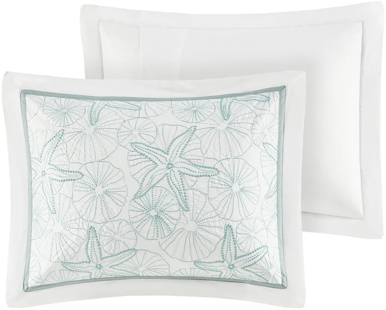 Set of Four White And Aqua Full Ring Stitch Sham And Comforter Photo 5