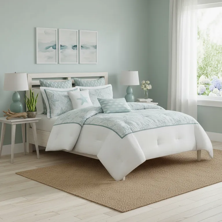 Set of Four White And Aqua King Ring Stitch Sham And Comforter Photo 3