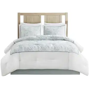 Photo of Set of Four White And Aqua King Ring Stitch Sham And Comforter